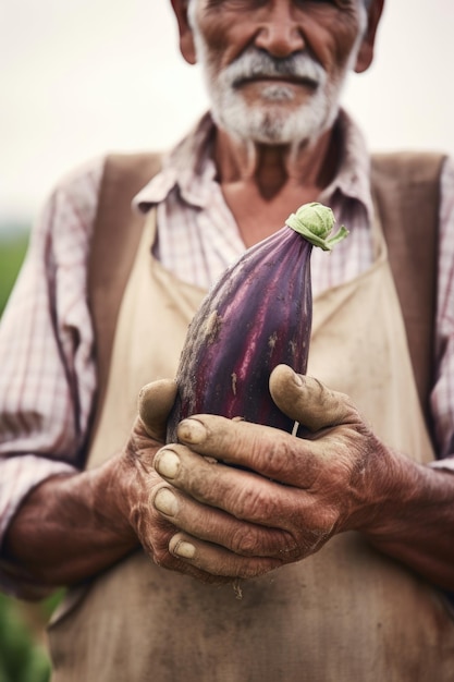 Ujęcie rolnika trzymającego bakłażana utworzonego za pomocą generatywnej sztucznej inteligencji