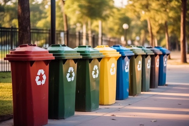 Ujęcie rzędu pojemników do recyklingu w dobrze utrzymanym parku miejskim Generative AI