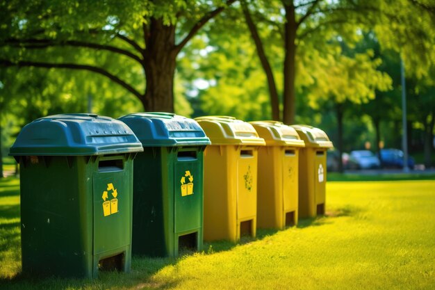 Ujęcie rzędu pojemników do recyklingu w dobrze utrzymanym parku miejskim Generative AI