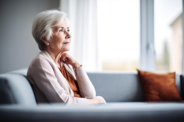 Ujęcie starszej kobiety siedzącej na kanapie w domu