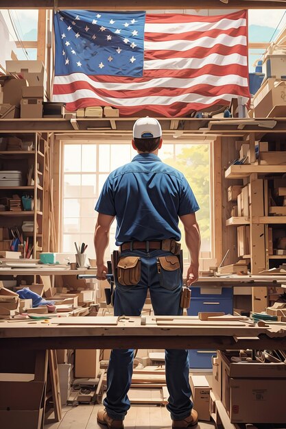 Ujęcie stolarza od tyłu w miejscu pracy z kolorową ilustracją święta pracy z amerykańską flagą
