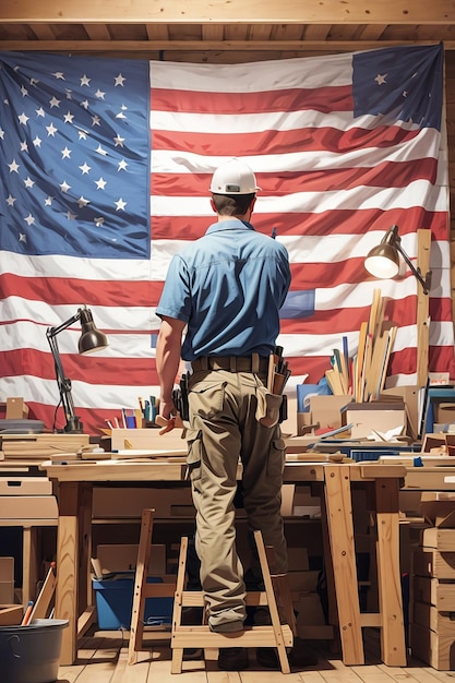 Ujęcie stolarza od tyłu w miejscu pracy z kolorową ilustracją święta pracy z amerykańską flagą