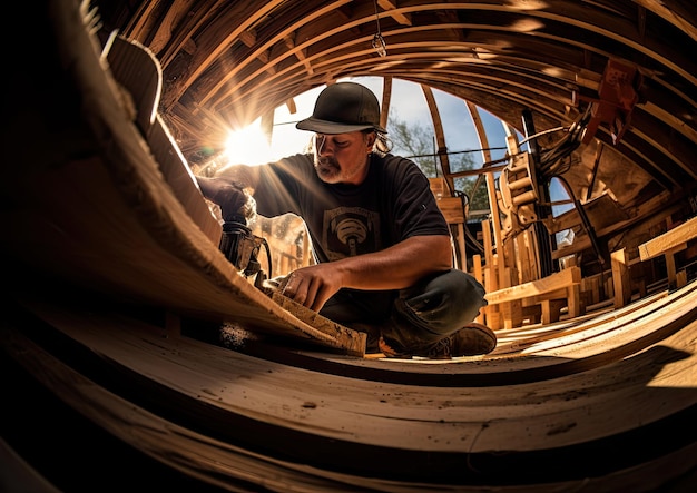 Ujęcie stolarza pracującego na drewnianej łodzi metodą rybiego oka. Aparat jest umieszczony blisko