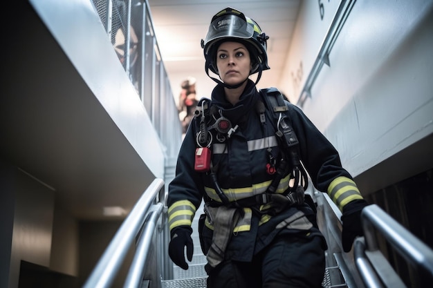 Ujęcie strażaczki schodzącej po schodach w mundurze stworzonym za pomocą generatywnej sztucznej inteligencji