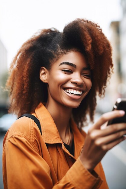 Ujęcie szczęśliwej młodej kobiety robiącej zdjęcia telefonem