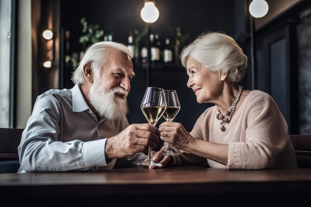 Ujęcie szczęśliwej starszej pary cieszącej się szampanem podczas lunchu w restauracji
