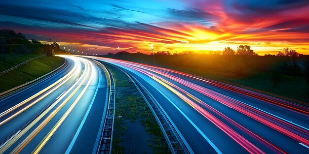 Zdjęcie ujęcie szybko poruszających się samochodów na miejskiej autostradzie w nocy za pomocą długiej ekspozycji koncepcja fotografia nocna miejskie autostrady długa ekspozycja szybko poruszające się samochody ścieżki świetlne