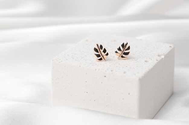 Ujęcie tematyczne dwóch złotych kolczyków w kształcie liści na betonowym podium Piękne akcesoria dla kobiet Elegancki prezent na biżuterię lub prezent na urodziny lub walentynki
