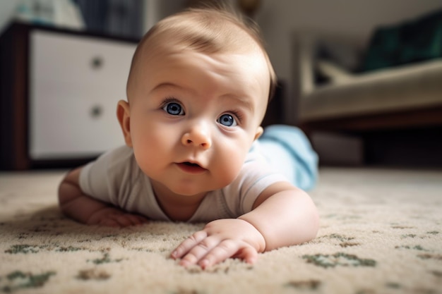 Ujęcie uroczego chłopczyka leżącego na dywanie