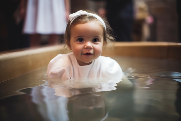 Ujęcie uroczej dziewczynki podczas chrztu