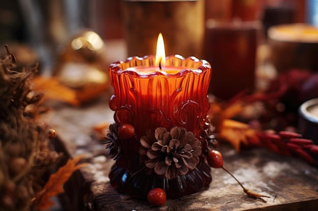 Ujęcie z bliska dekoracyjnej jesiennej świecy na stole