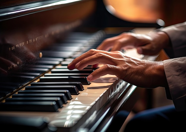 Ujęcie z bliska palców pianisty naciskającego klawisze, uchwycone pod niskim kątem. Zdjęcie jest