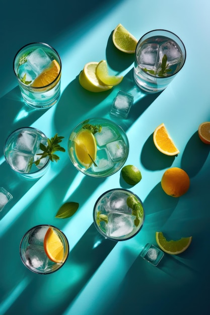Ujęcie z góry orzeźwiającego napoju gin z tonikiem ze światłem słonecznym i cieniami Generative ai