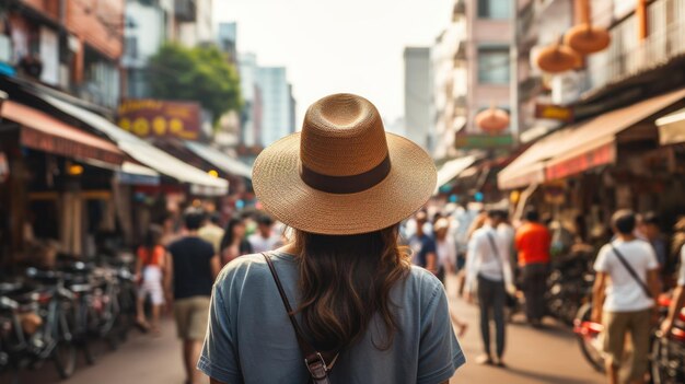 Ujęcie za kulisami młodego azjatyckiego turysty w kapeluszu na targu na świeżym powietrzu Khao San Road w Bangkoku