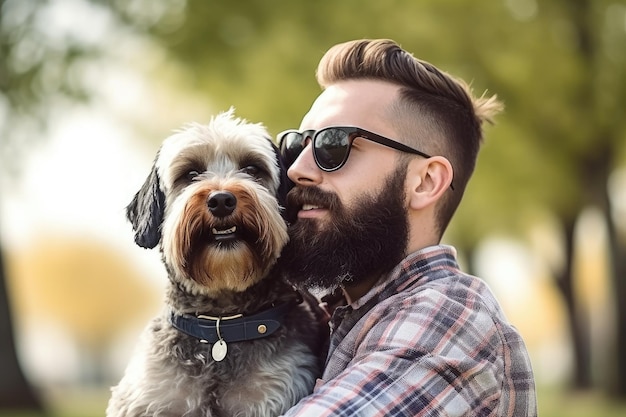 Ujęcie zrelaksowanego młodego mężczyzny spędzającego czas ze swoim psem, stworzone za pomocą generatywnej sztucznej inteligencji