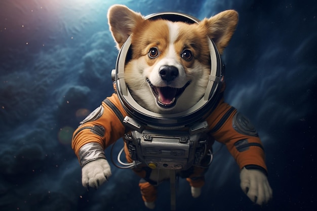 Ujmujący pies astronauta unosi się w nieważkości w przestrzeni kosmicznej. Generatywna sztuczna inteligencja