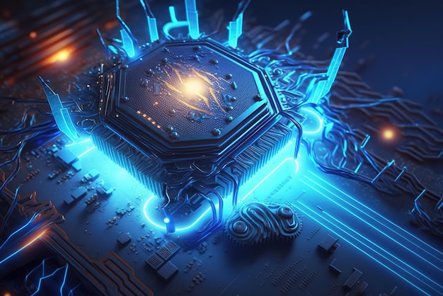 Układ procesora na procesorze płytki drukowanej z magicznym niebieskim światłem wewnątrz komputerowej generatywnej sztucznej inteligencji