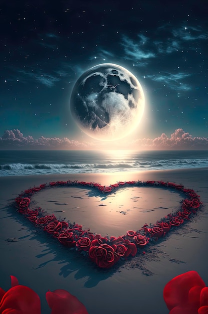 Układ róż w kształcie serca w piasku z pełnią księżyca na nocnym niebie