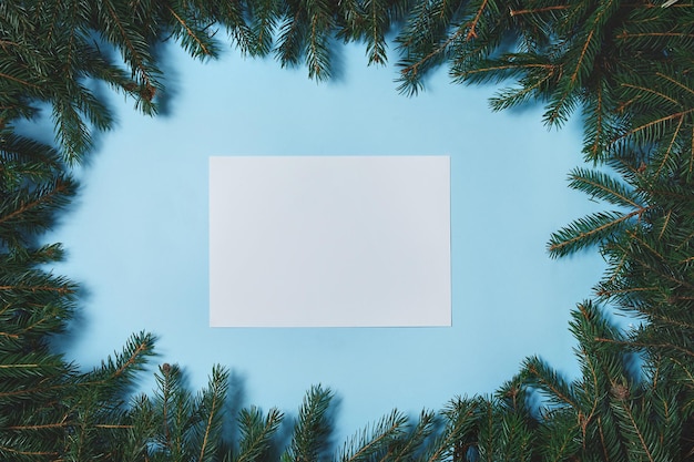 Układ wykonany z gałęzi choinki z nutą karty papieru na niebieskim tle. Leżał płasko. Koncepcja nowego roku natury.
