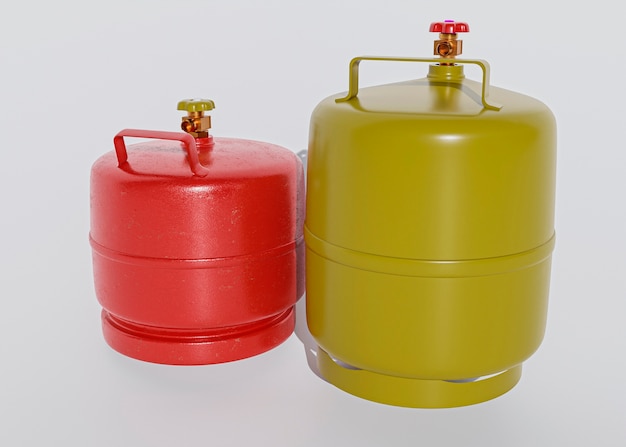 Zdjęcie układ żółtych i czerwonych butli gazowych