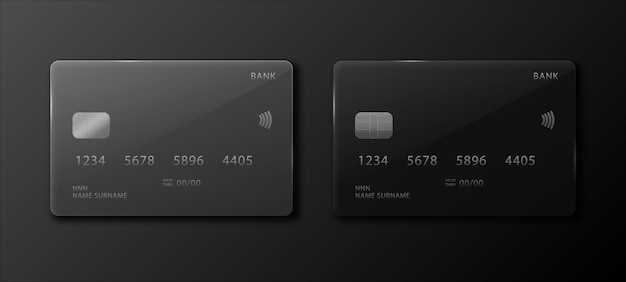 Układy kart kredytowych na czarnym tle zestaw dwóch realistycznych kart bankowych