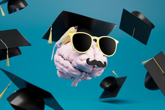 Ukończone studia wyższe mózg w okularach i mistrzowski kapelusz, wokół którego fruwają studenckie kapelusze