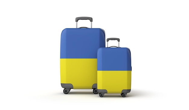 Ukraina flaga wakacyjne walizki podróżne na białym tle na białym d render