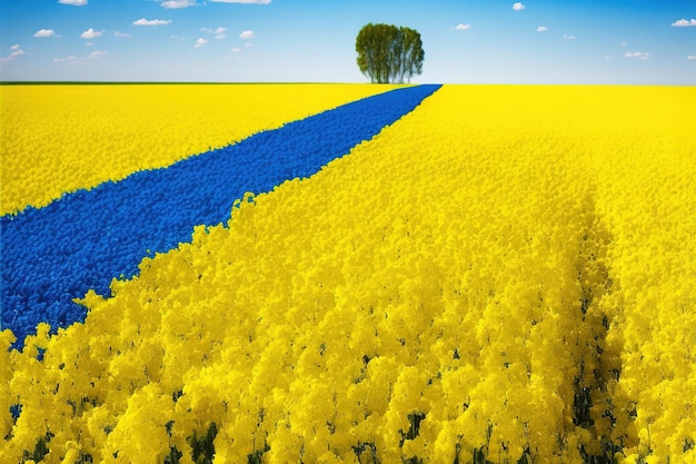 Zdjęcie ukraińska flaga barwi pole rzepaku z żółtymi kwiatami i niebieską grafiką rolniczą ukrainy