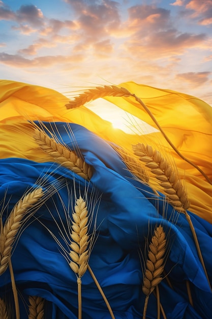 ukraińska flaga na polu pszenicznym podczas zachodu słońca w stylu luksusowych draperii jasnego indygo i niebieskiego