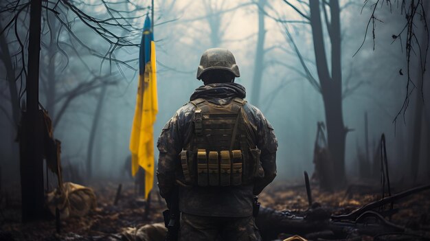 Zdjęcie ukraiński wojownik w amunicji wojskowej patrzy na bezżywy listopadowy las flaga ukrainy