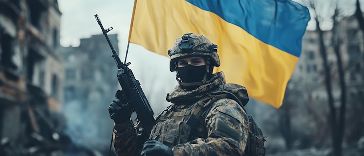 Zdjęcie ukraiński żołnierz z ukraińską flagą w wysokim nastroju