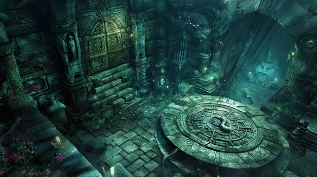 Ukryta komora zawierająca potężny artefakt chroniony przez starożytne siły portal Ruiny budynków starożytnych cywilizacji mistycyzm paranormalizm siły z innego świata magia generowana przez AI
