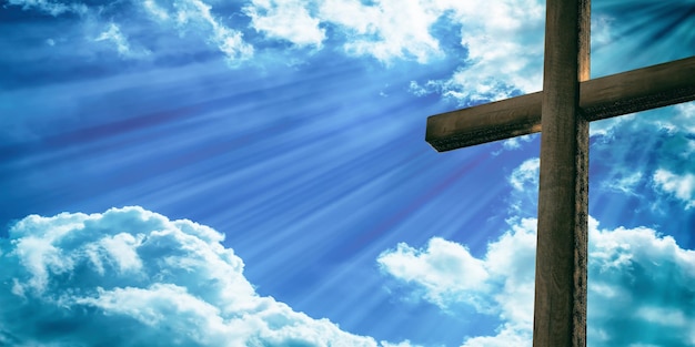 Ukrzyżowanie Jezusa Chrystusa drewniany krzyż niebieskiego nieba tło 3d ilustracja