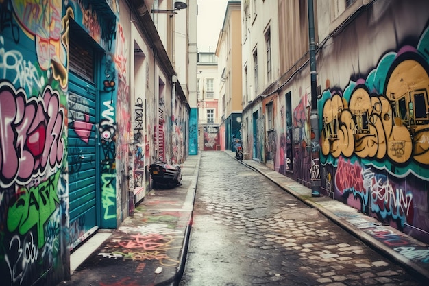 Ulica miasta Lofi z kolorowymi graffiti, które dodają unikalny element do zdjęcia utworzonego za pomocą generatywnej sztucznej inteligencji