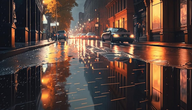 Ulica miasta po deszczu. Generatywna sztuczna inteligencja.