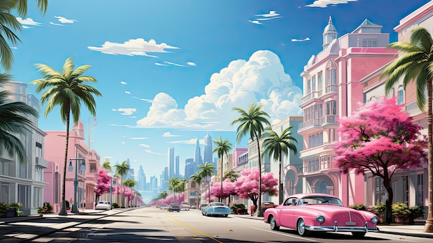 Ulica miasta z różowym samochodem i palmami.