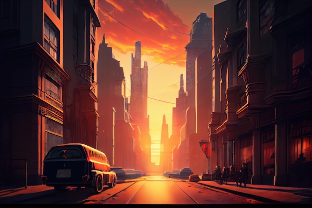 Ulica miasta z widokiem na panoramę miasta i zachód słońca w tle