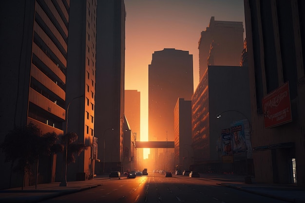 Ulica miasta z zachodem słońca w tle Generacyjna sztuczna inteligencja