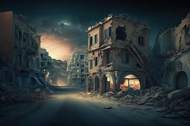 Ulica miejska z budynkami i ruinami po trzęsieniu ziemi Ai Zniszczony krajobraz opuszczonego miasta