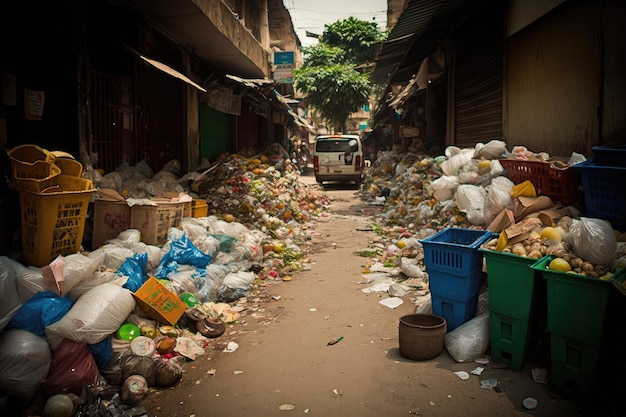 Ulica pełna przepełnionych śmieci po dużym targu spożywczym