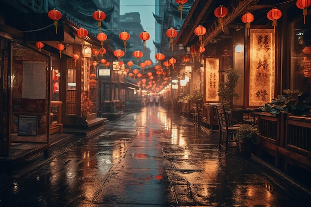 Ulica w deszczowy dzień ze sceną uliczną i latarniami zwisającymi z sufitu.