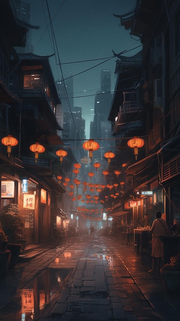 Ulica w deszczu z chińską latarnią na ścianie