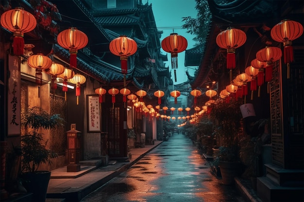 Ulica w deszczu z chińskimi lampionami zwisającymi z sufitu
