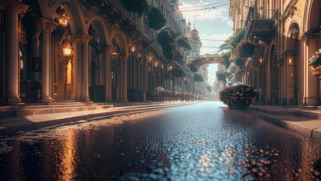 Ulica w deszczu ze znakiem „miasto rzym”