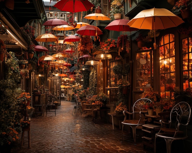 Ulica w starym mieście z restauracjami i kawiarniami