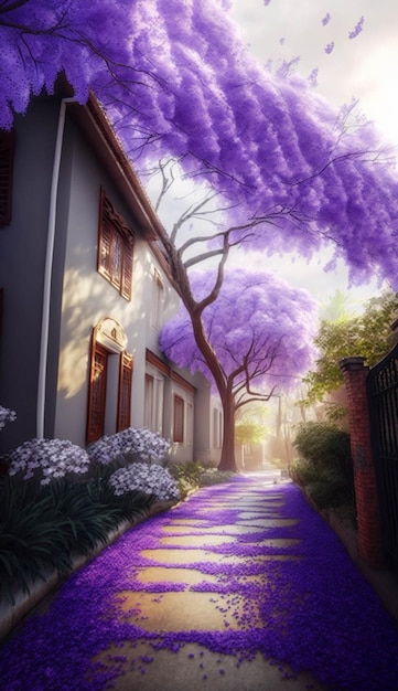 Ulica wyłożona fioletowymi drzewami obok generatywnego ai białego domu