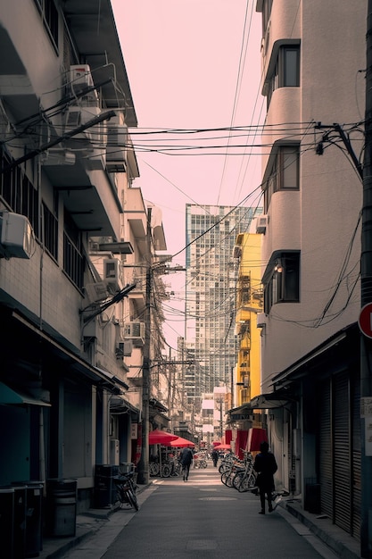 ulica z czerwonym parasolem i osobą idącą ulicą.
