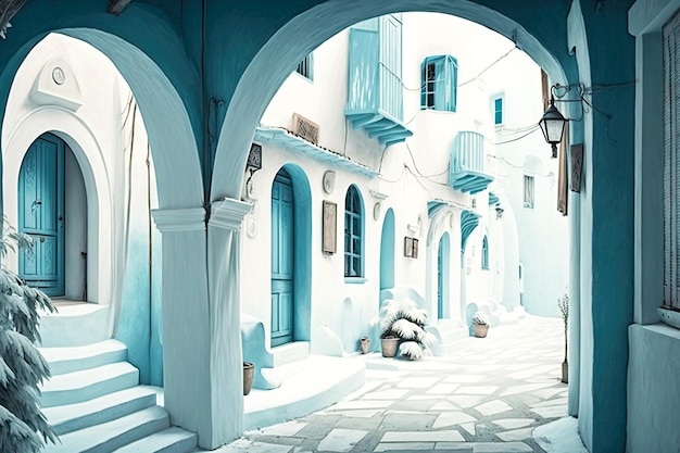 Ulica z domami z prostokątnymi łukowatymi oknami w biało-niebieskich odcieniach