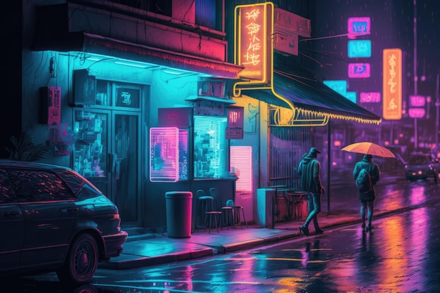 Ulica z ludźmi spacerującymi budującymi neony z tekstami utworzonymi przy użyciu technologii generatywnej AI
