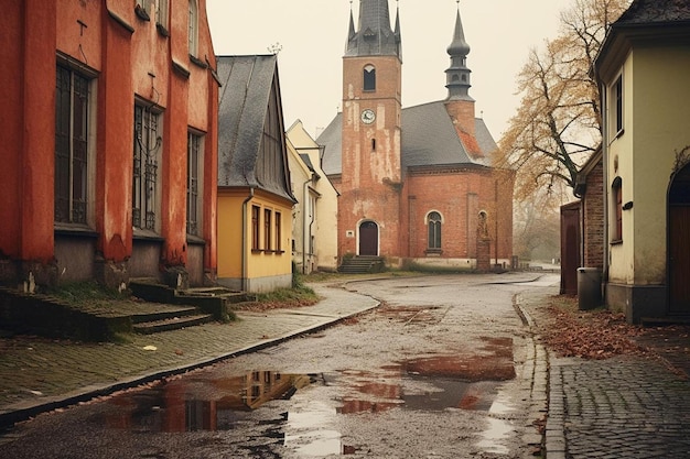 ulica z żółtym kościołem i kościołem w tle.